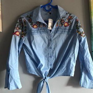 embroider chambray tie top
